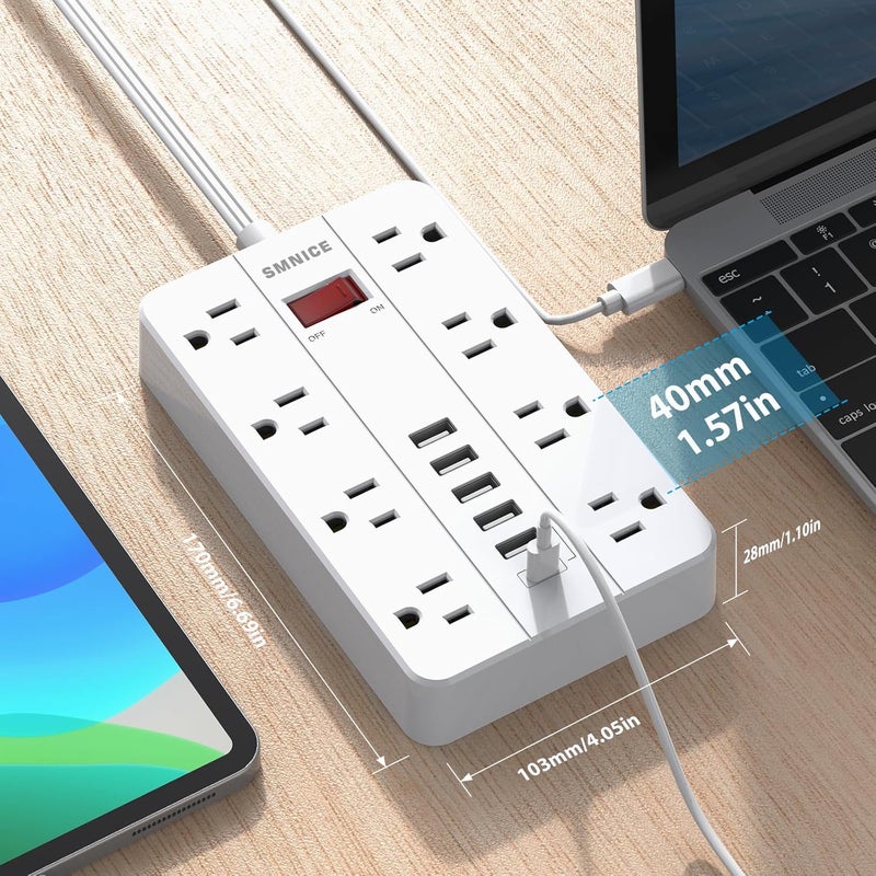 SMNICE سلك تمديد مسطح 15 قدم، شريط طاقة مع واقي من زيادة التيار و8 مآخذ متباعدة و6 منافذ USB (1 USB C)، محطة شحن طويلة مثبتة على الحائط للسكن، المنزل، ملحقات المكتب، أبيض - Image 4